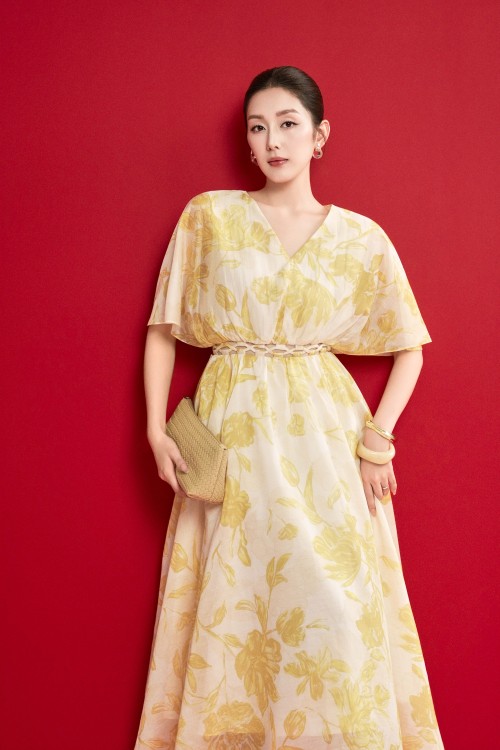 Sixdo Dark Cream Organza Flared Dress